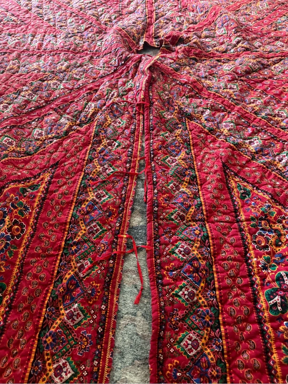Large 83” Quilted Patchwork Christmas Tree Skirt Red Multicolor Boho